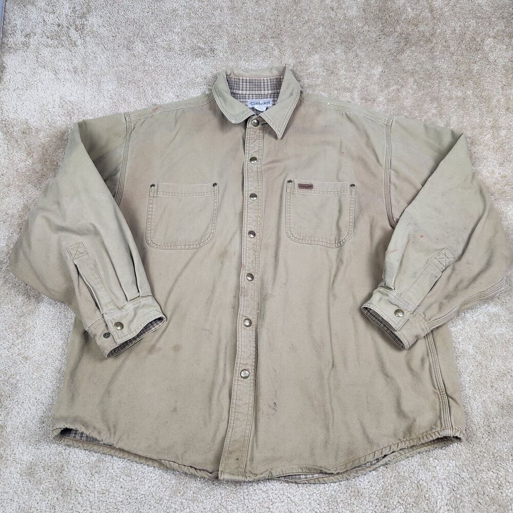 Carhartt Canvas Jacket Shirt Mens XL Brown Fleece Lined Chore Shacket THRASHED